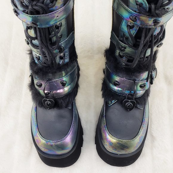 Ash Goth Punk Furry Mid Calf Platform Boots - Picture 9 of 15